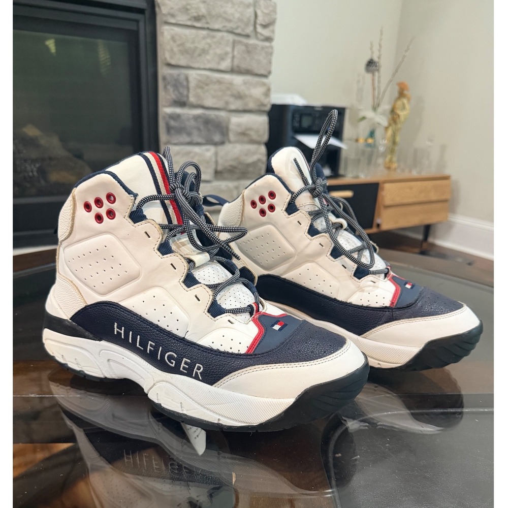 Tommy Hilfiger Mens High Top Sneakers White Navy Red Athletic Shoes Flag Logo